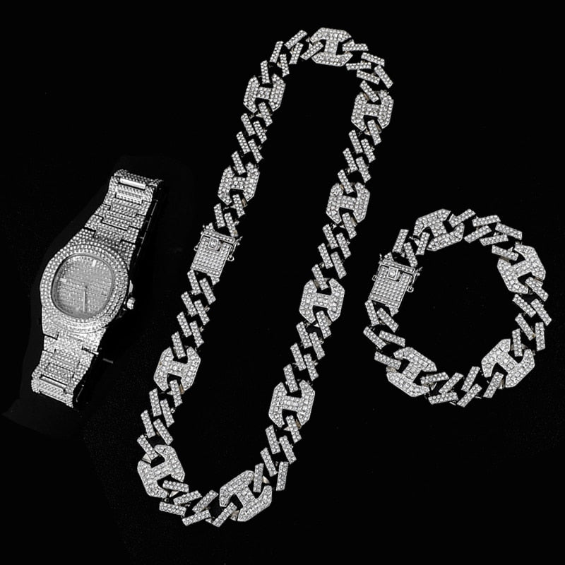 3-Piece Jewelry Hip Hop Gold Iced Out Paved Rhinestones CZ Bling  Sets: Cuban Chain, Watch & Bracelet