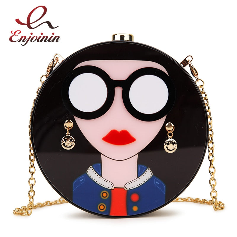 Cartoon Lady w/ Glasses Chain Clutch Purse