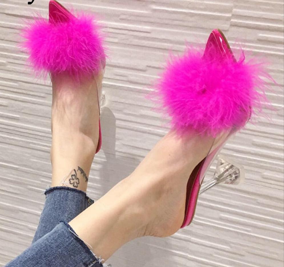 Ladies Feather PVC Transparent High heels Fur Peep Toe Mule Pumps