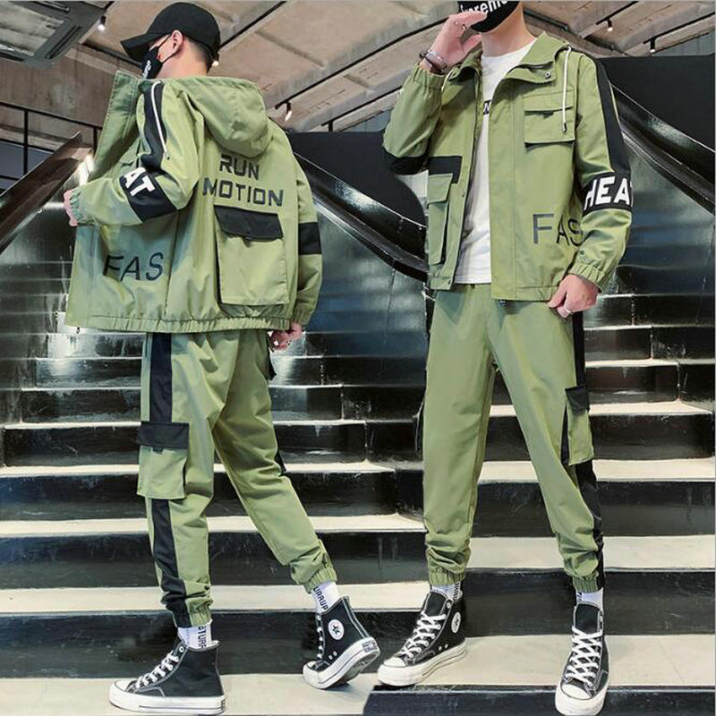 Men's Patchwork Utility Zipper Jacket + Pants Cargo Tracksuit