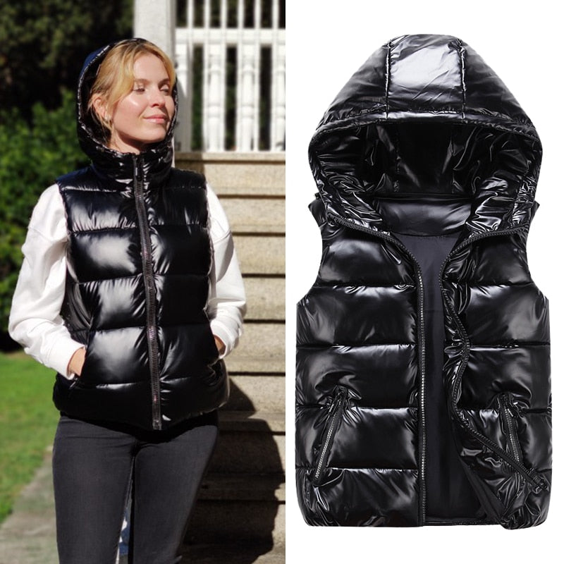 Hooded Ladies Padded Sleeveless Shiny Puffer Vests