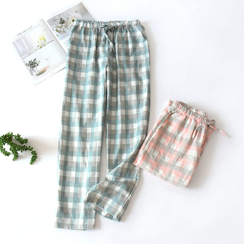 Men's & Women's Plaid Gauze Crepe Knitted Pajama Sleepwear Pants