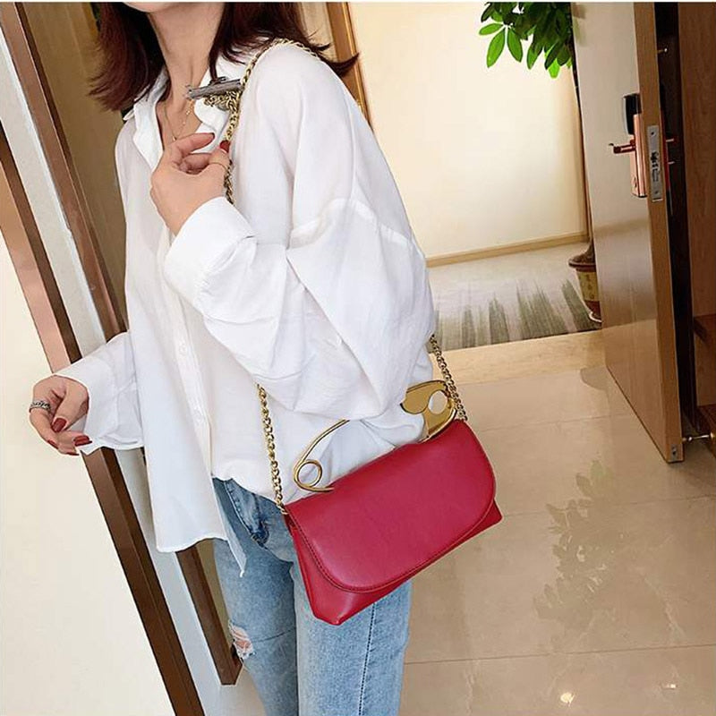 Oversized Gold Metal Safety Pin Pendant PU Leather  Designer Flap Shoulder Bag Clutch Purse