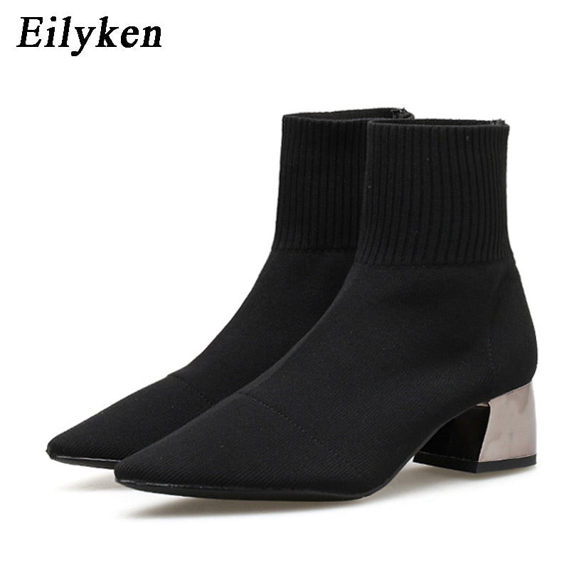 Knitted Stretch Low Heel Pointed Toe Ankle Boots4