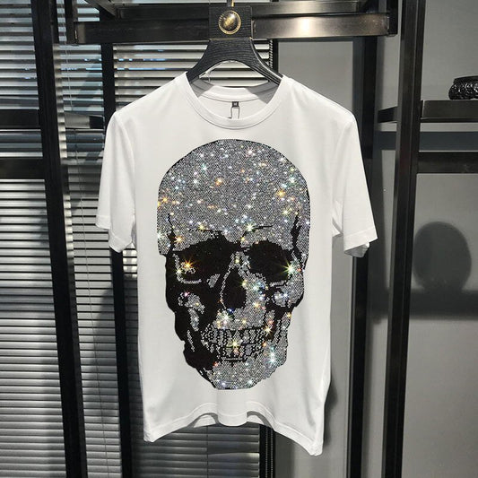 Men's Silver Rhinestone Skull Head Oversized T-Shirt