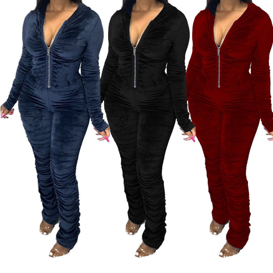 Velvet Hooded Solid Ruched Zipper Long Sleeve Jumpsuit