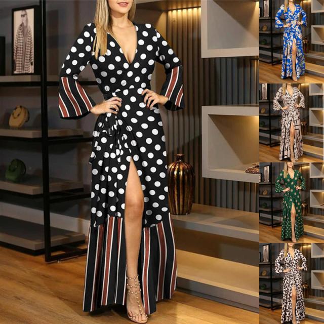 Polka Dot/Floral/Graffiti Print Split Deep V-Neck Flare Sleeve Maxi Dress to 3X