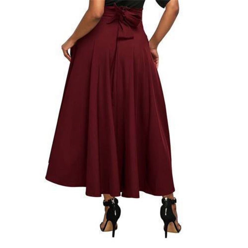 Ruffle A-Line Flared Pleated Maxi Skirt w/ Pockets