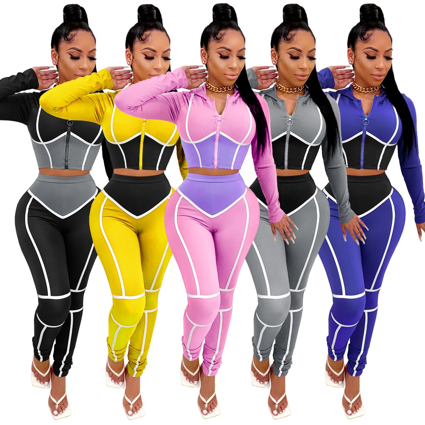 Caged Colorblock Zip-Up Cropped Hoodie & Pants Women's Tracksuit