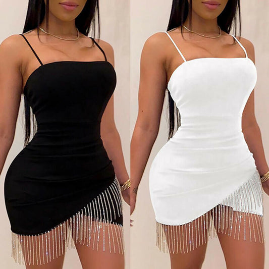 Tassel Hem Detail Cross Split Solid Color Sleeveless Spaghetti Strap Bodycon Suspender Mini Dress