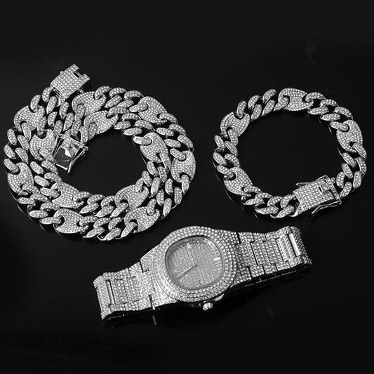 3-Piece Jewelry Hip Hop Gold Iced Out Paved Rhinestones CZ Bling Sets: Cuban Chain, Watch & Bracelet