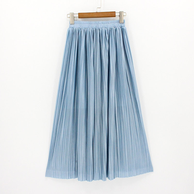 Satin Loose Pleated Solid Color High Waisted Maxi Skirt