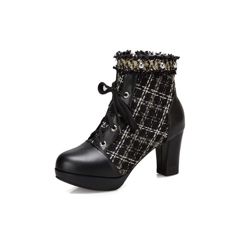 Plaid Studded Tassel Ruffles Platform Cross Tied Ankle Boots