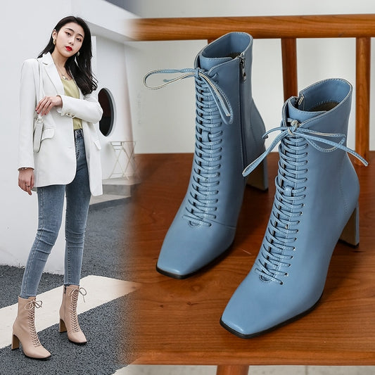 Lace-Up Solid Color High Heel Leather Ankle Boots