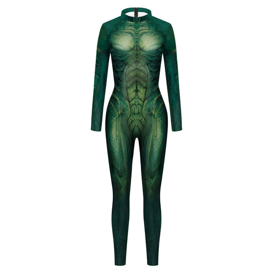 Green Alien Print Seamless Cosplay Costume Jumpsuit