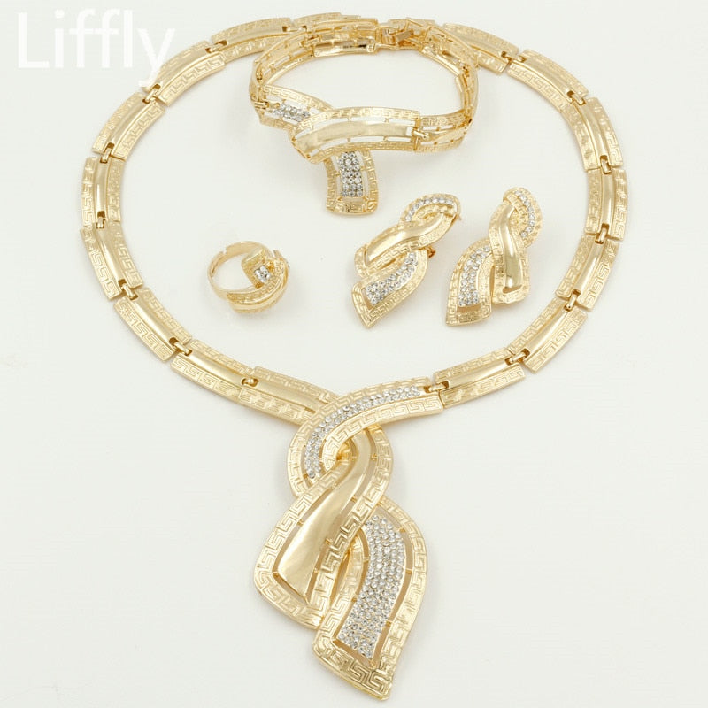 African Gold Jewelry Nigerian Crystal Necklace Hoop Earrings Bridal Jewelry Sets