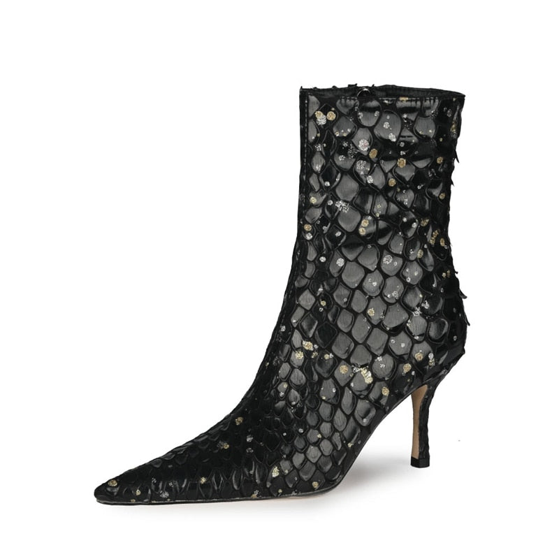 Fish Scale Pattern Thin Heel Pointed Toe Ankle Boots