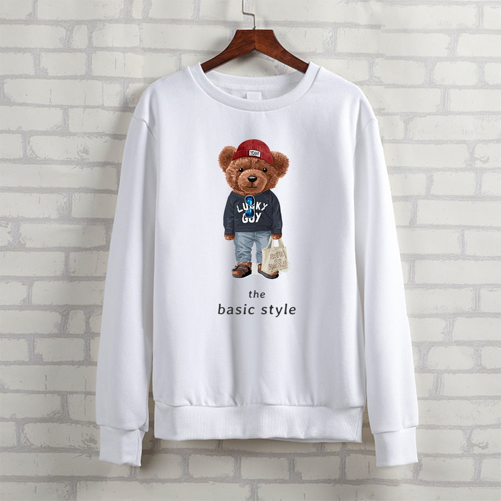 Teddy Bear "The Basic Style" Letter Printed Ladies Crewneck Sweatshirt Long Sleeve