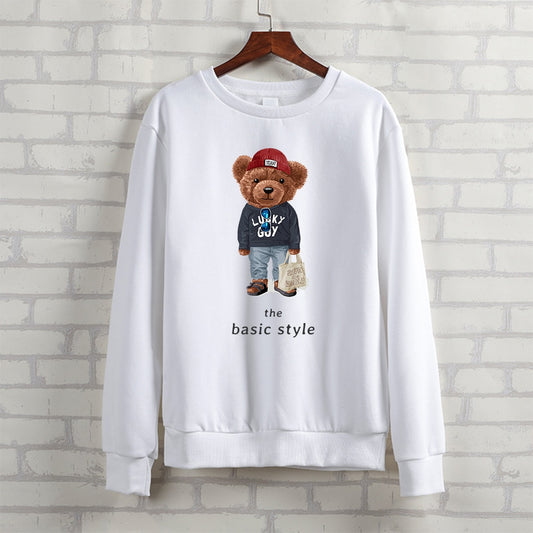 Teddy Bear "The Basic Style" Letter Printed Ladies Crewneck Sweatshirt Long Sleeve