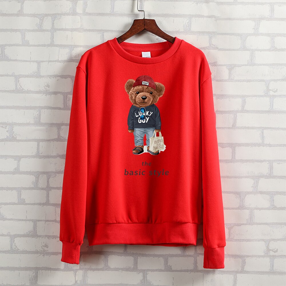 Teddy Bear "The Basic Style" Letter Printed Ladies Crewneck Sweatshirt Long Sleeve