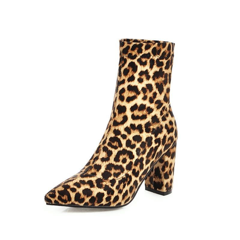 Plaid/Leopard/Solid Print Slip-On Women's Pointed Toe Ankle Boots