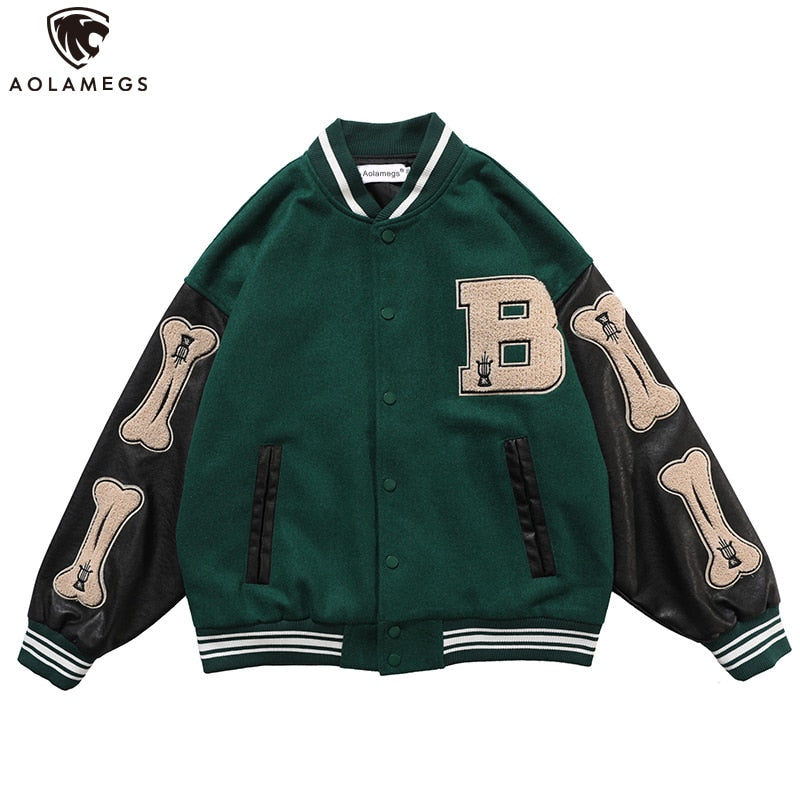 Men's Bone Colorblock Patchwork Baseball Bomber Letterman's Jacket