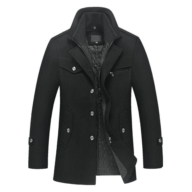 Wool Double Collar Slim Fit Men's Pea Coat