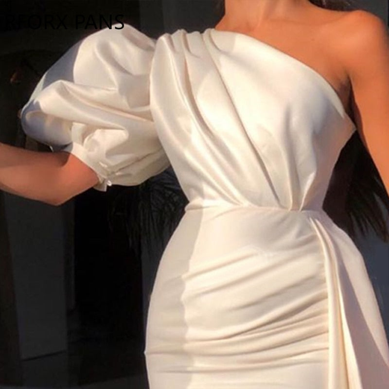 White One Shoulder Puff Sleeve Ruched Slit Bodycon Dress