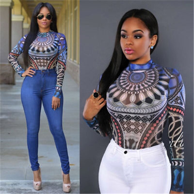 Mesh Transparent Geometric Long Sleeve Printed Bodycon Women's Bodysuit Romper