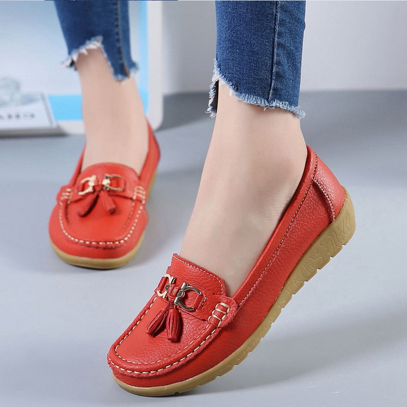 Women's Genuine Leather Flat Loafer Moccasins Slip On Shoes Plus Size