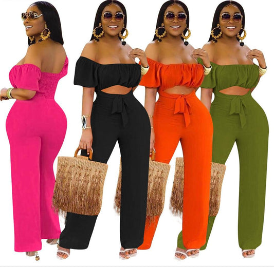 Crop Top Off Shoulder Short Sleeve High Waist Wide Leg Jumpsuit