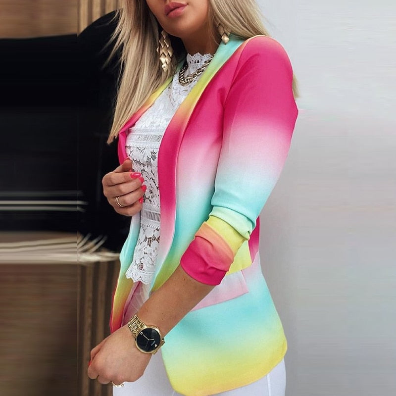 Ombre Rainbow Gradient Colorblock Women's Office Blazer Jacket