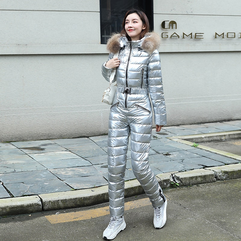 Fur Hood Quilted Solid Color Ladies Ski Snowsuit