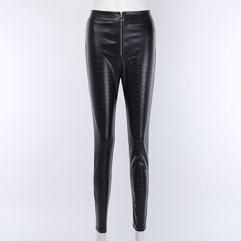 Black Croc Pattern Zipper Fly Faux Leather Straight Leg Ladies Pencil Pants