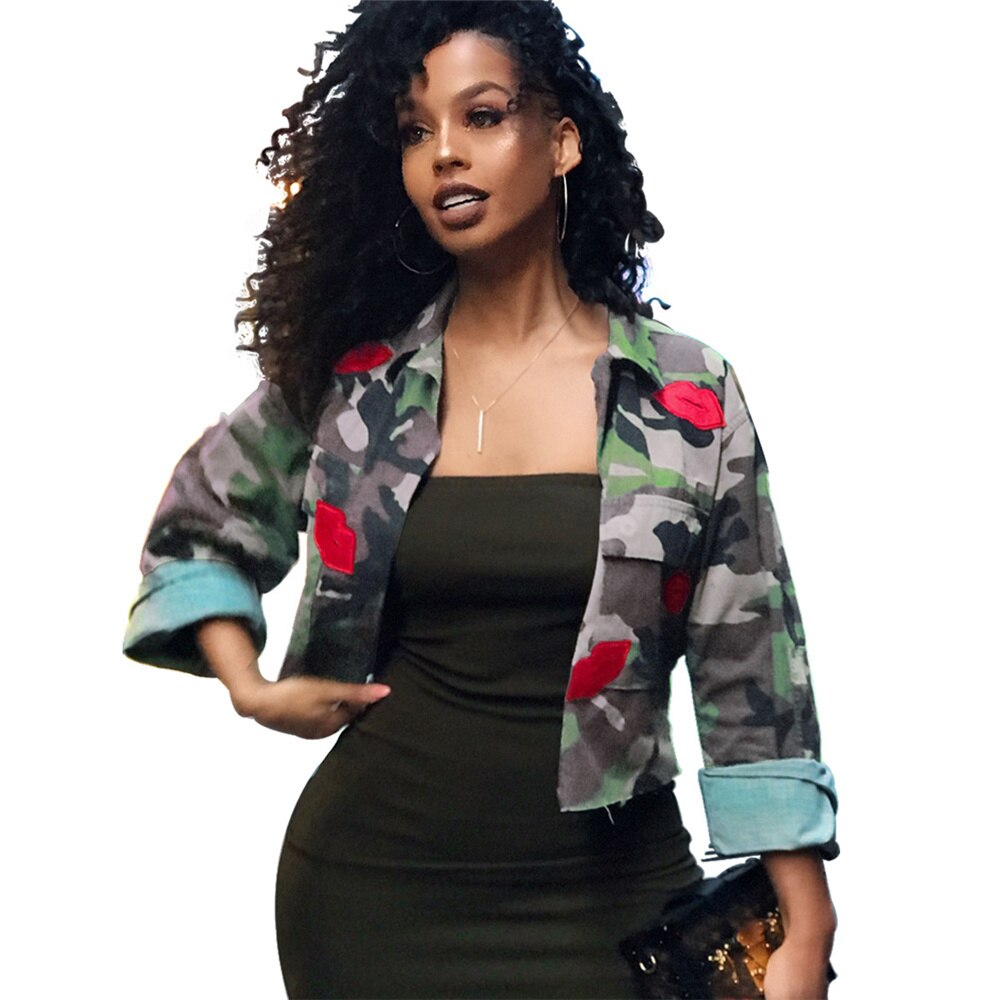 Camoflauge Print Cropped Long Sleeve Jean Jacket