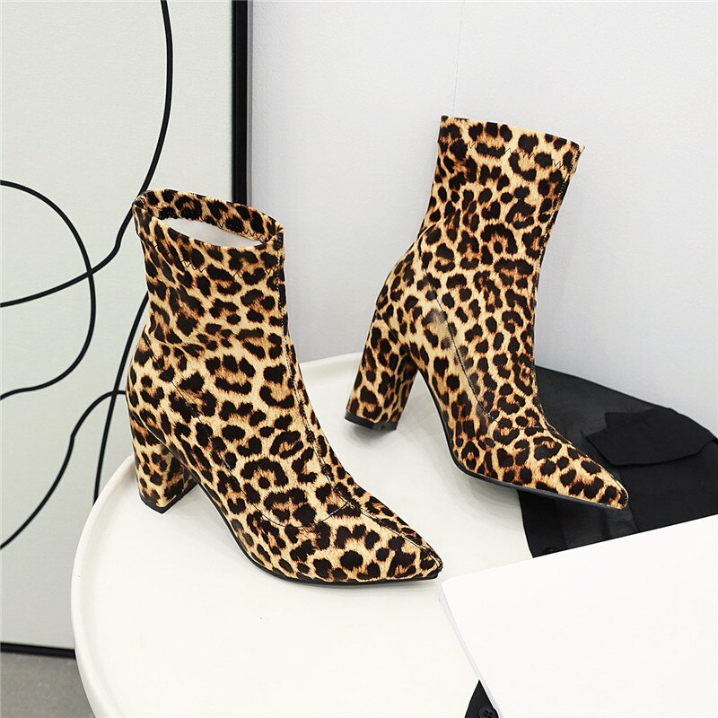 Plaid/Leopard/Solid Print Slip-On Women's Pointed Toe Ankle Boots