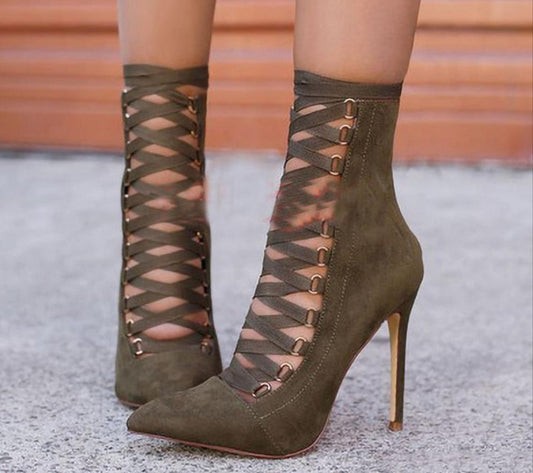 Cross-Tied Stiletto Heel Back Zipper Pointed Toe Ankle Boots