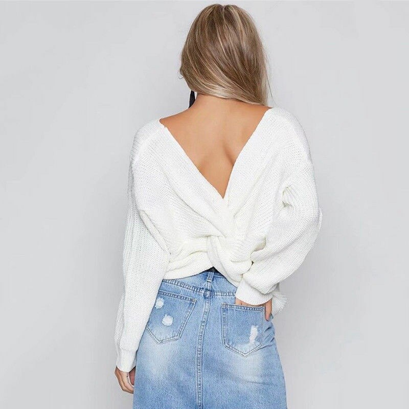 Twist Wrap Back Cross Knot Long Sleeve V-Neck Knitted Sweater