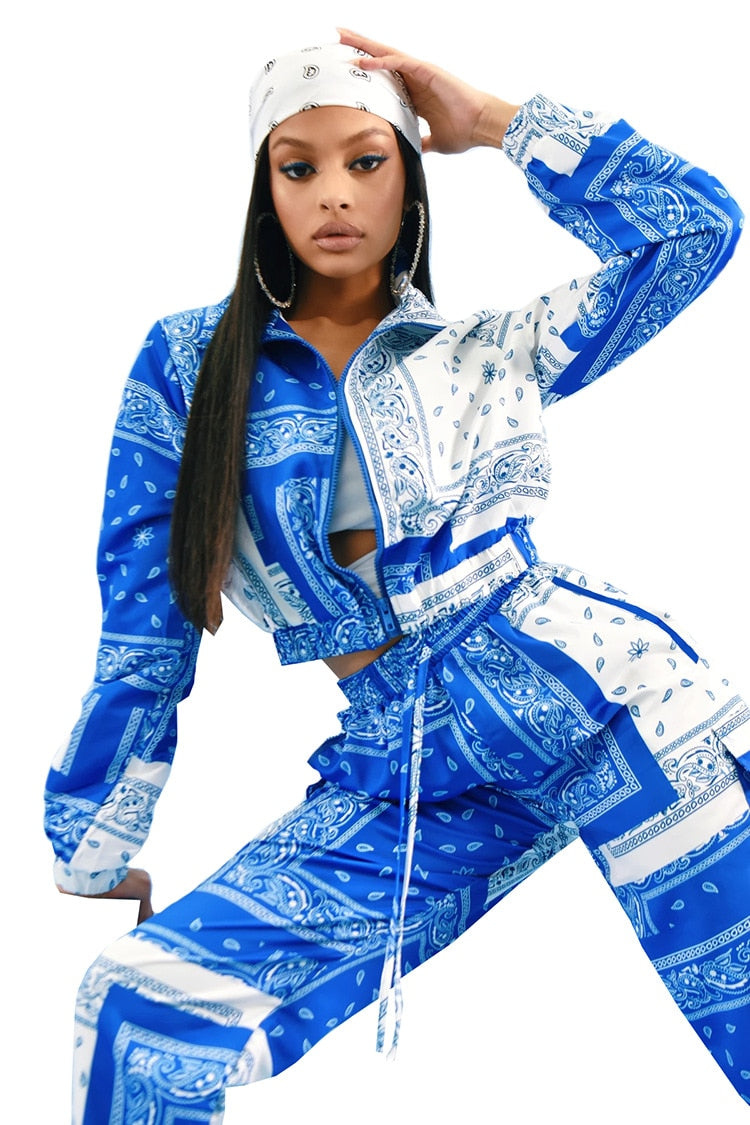 Paisley Bandana Print Zipper Jacket + Elastic Waist Sweatpants Women's Tracksuit