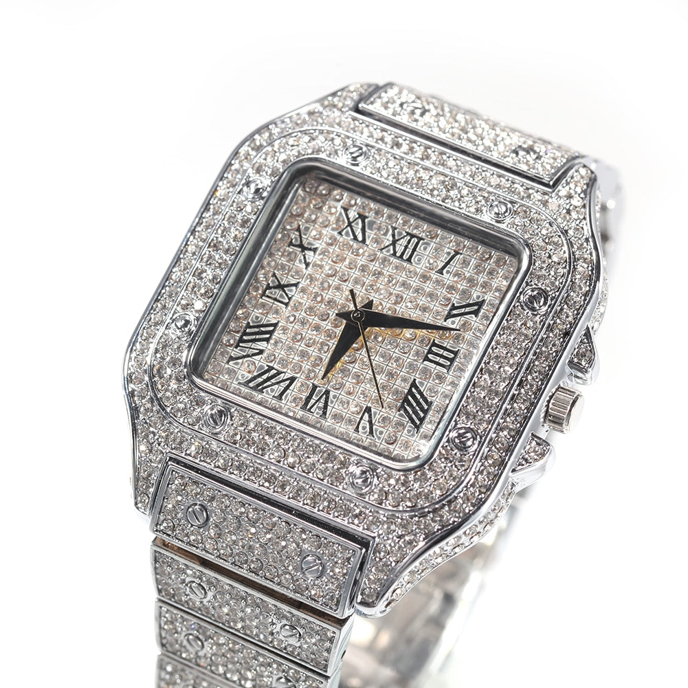 Hip Hop Full Iced Out Full Drill Square Stainless Steel Rhinestones Quartz Square Watch