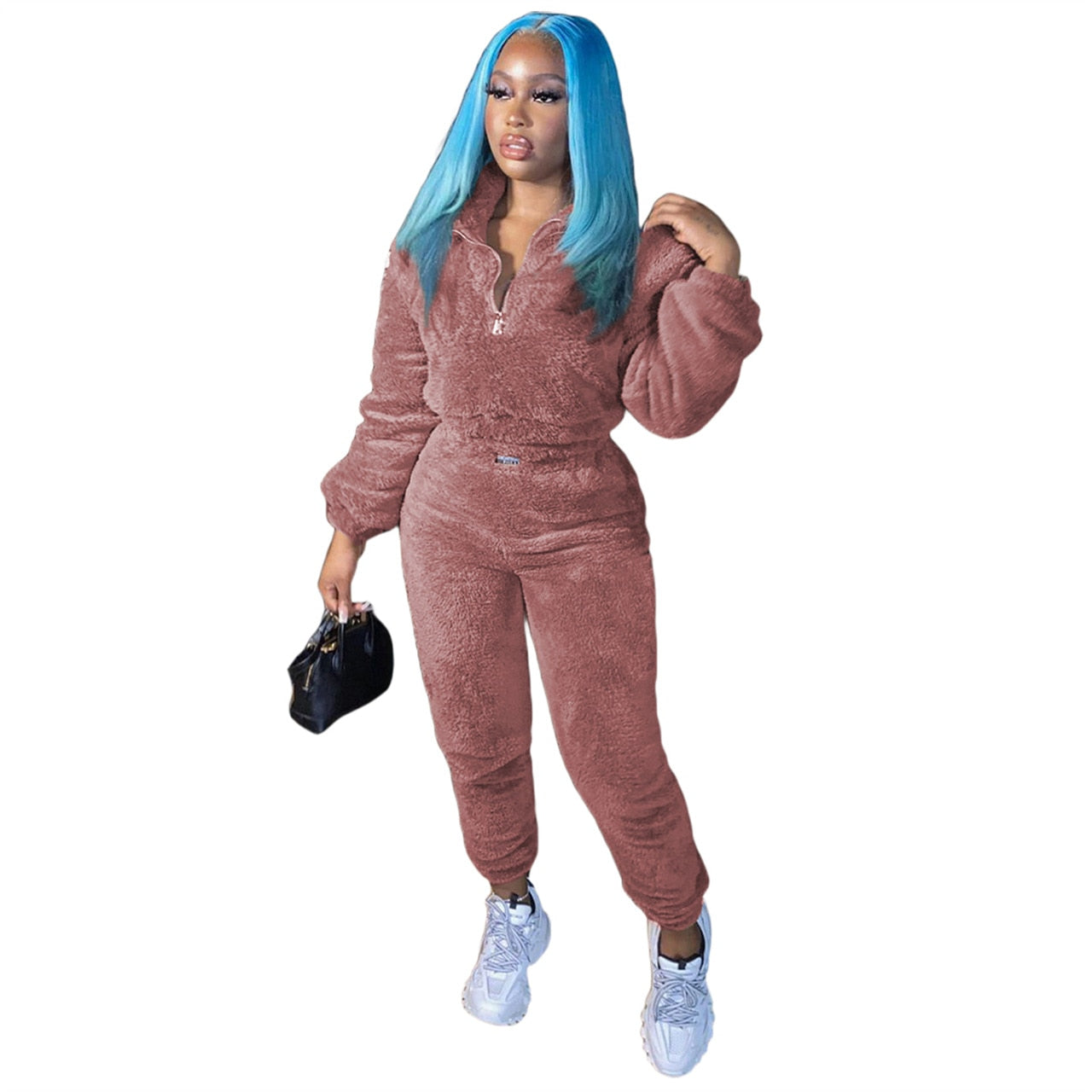 Solid Fleece Fuzzy Long Sleeve Pullover Zipper Sweatshirt + Sweatpants Ladies Tracksuit