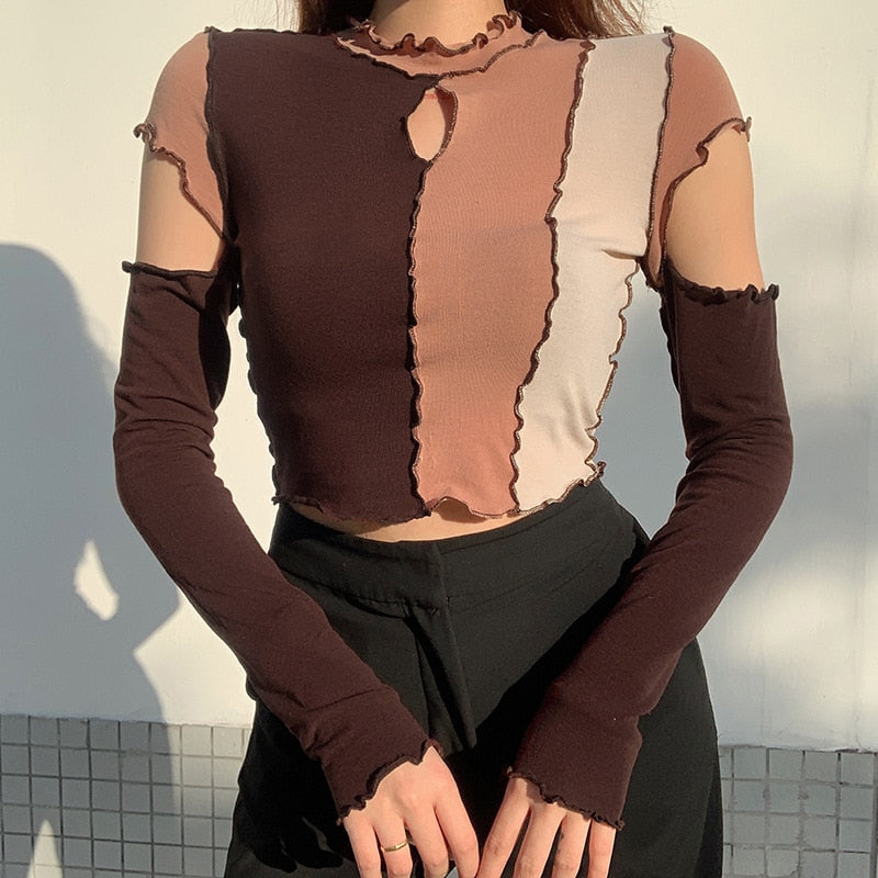 Frill Cut-Out Long Sleeve Colorblock Cropped Top