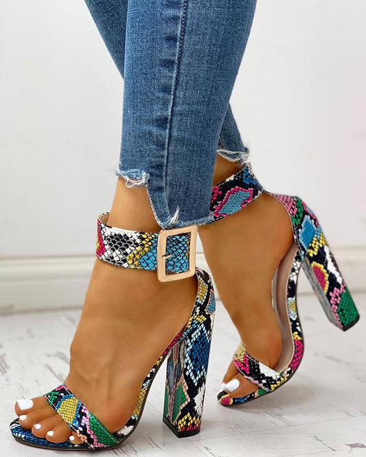 Leopard/Snakeskin/Floral Open Toe Ankle Buckled Sandals Chunky Heeled Sandals