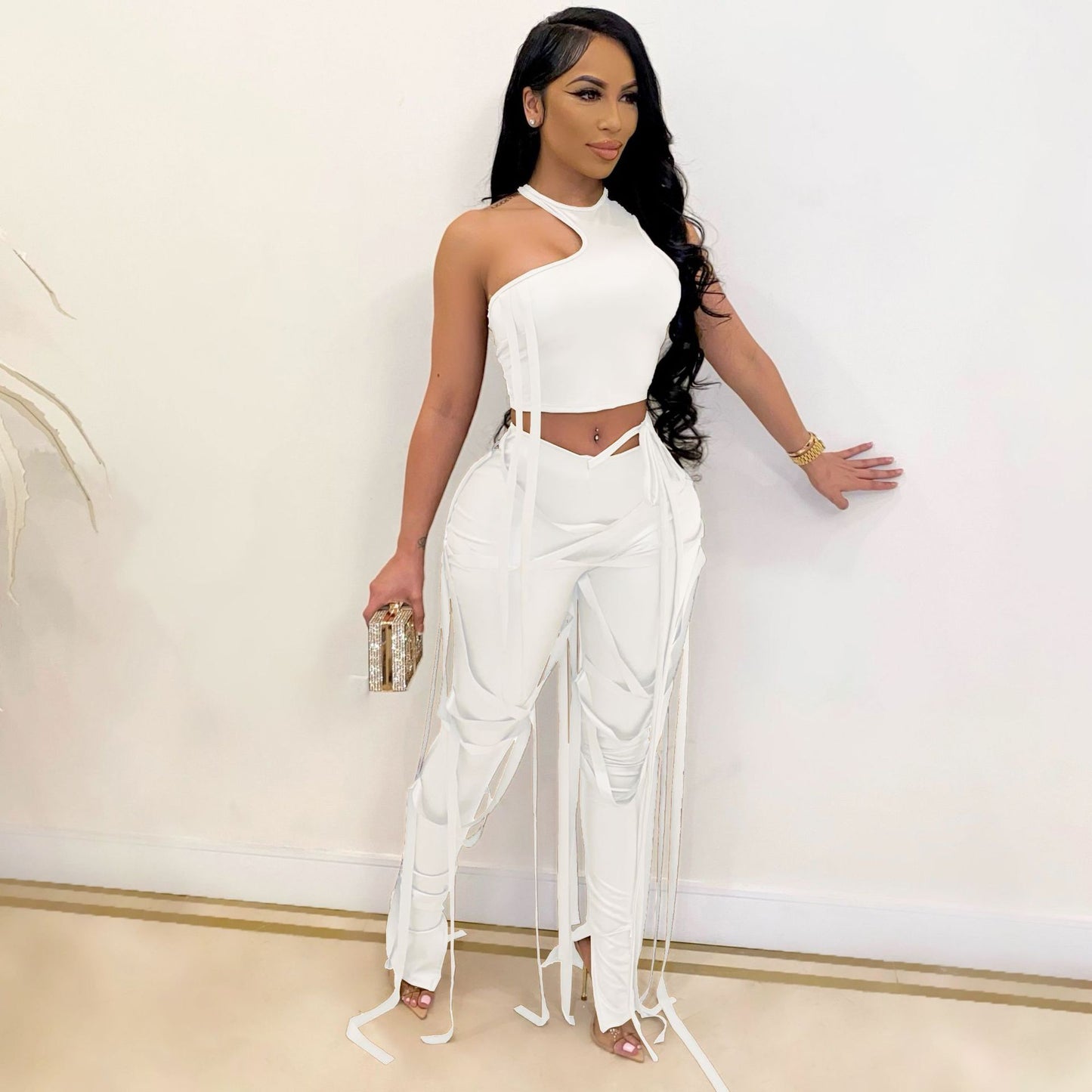 Asymmetrical Solid PU Leather Bandage One Shoulder Crop Top + Lace-Up Tassel Fringe Slit Hem Pants 2-Piece Set