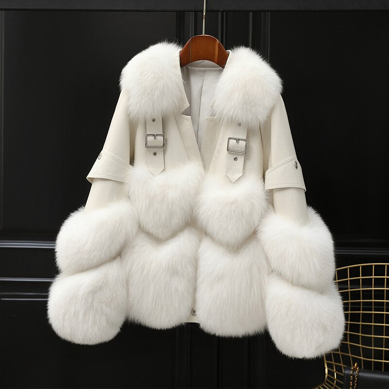 Fox Fur Short Sheepskin w/ Fox Fur Collar Buckle Heart Jacket