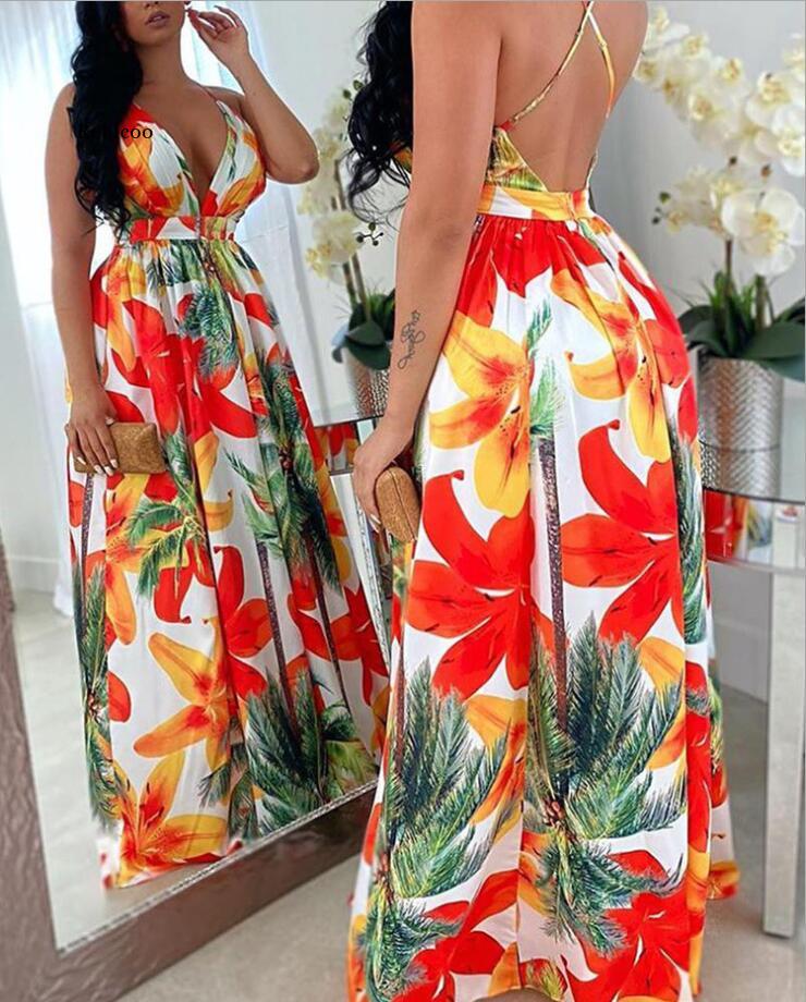 Tropical Floral Print V-Neck Split Long Spaghetti Strap Chiffon Maxi Dress