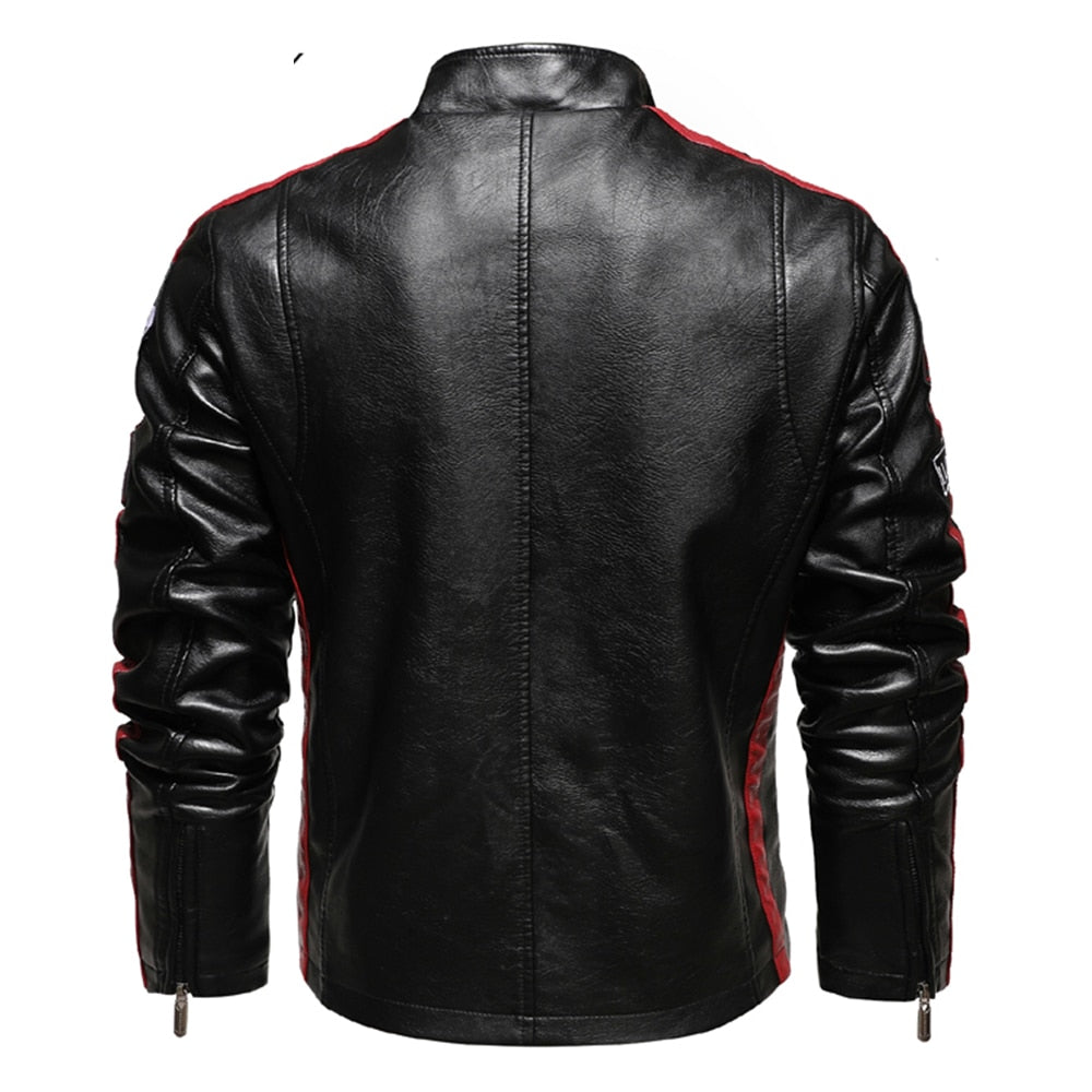 Side Striped Men's Logo Embroidery Leather Bomber Slim Fit Motorcycle Jacket