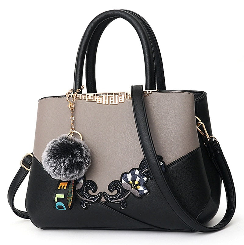 Colorblock Embroidered Messenger Leather Handbag