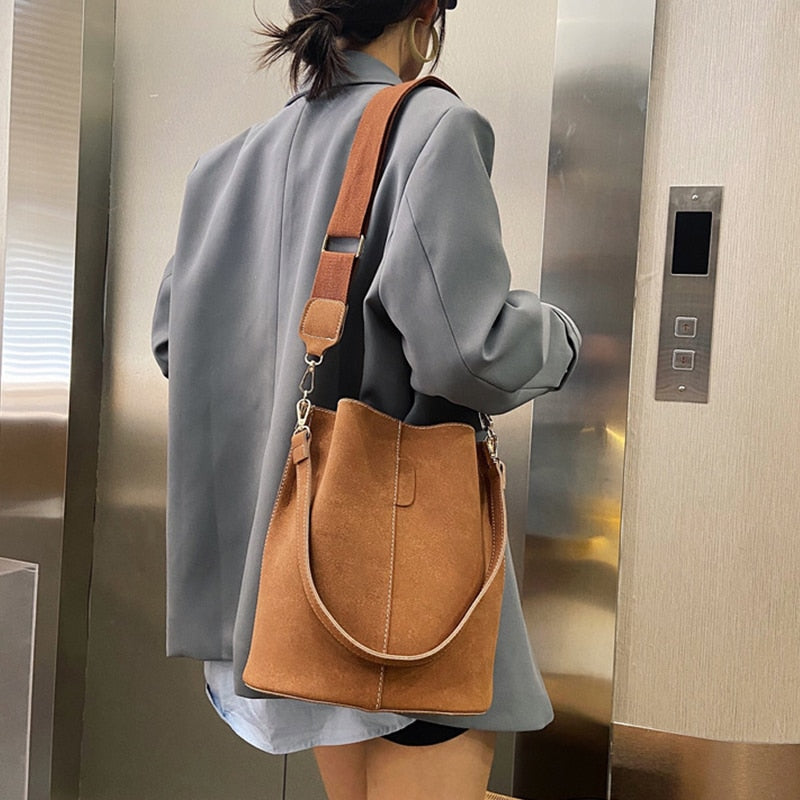 Nubuck Leather Shoulder Crossbody Bucket Bag Purse