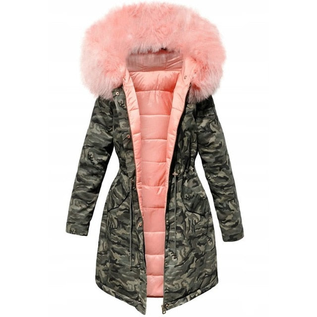 Hooded Batwing Sleeve Faux Fur Denim Jean or 3/4 Length Camouflage Women's Jackets/Coats